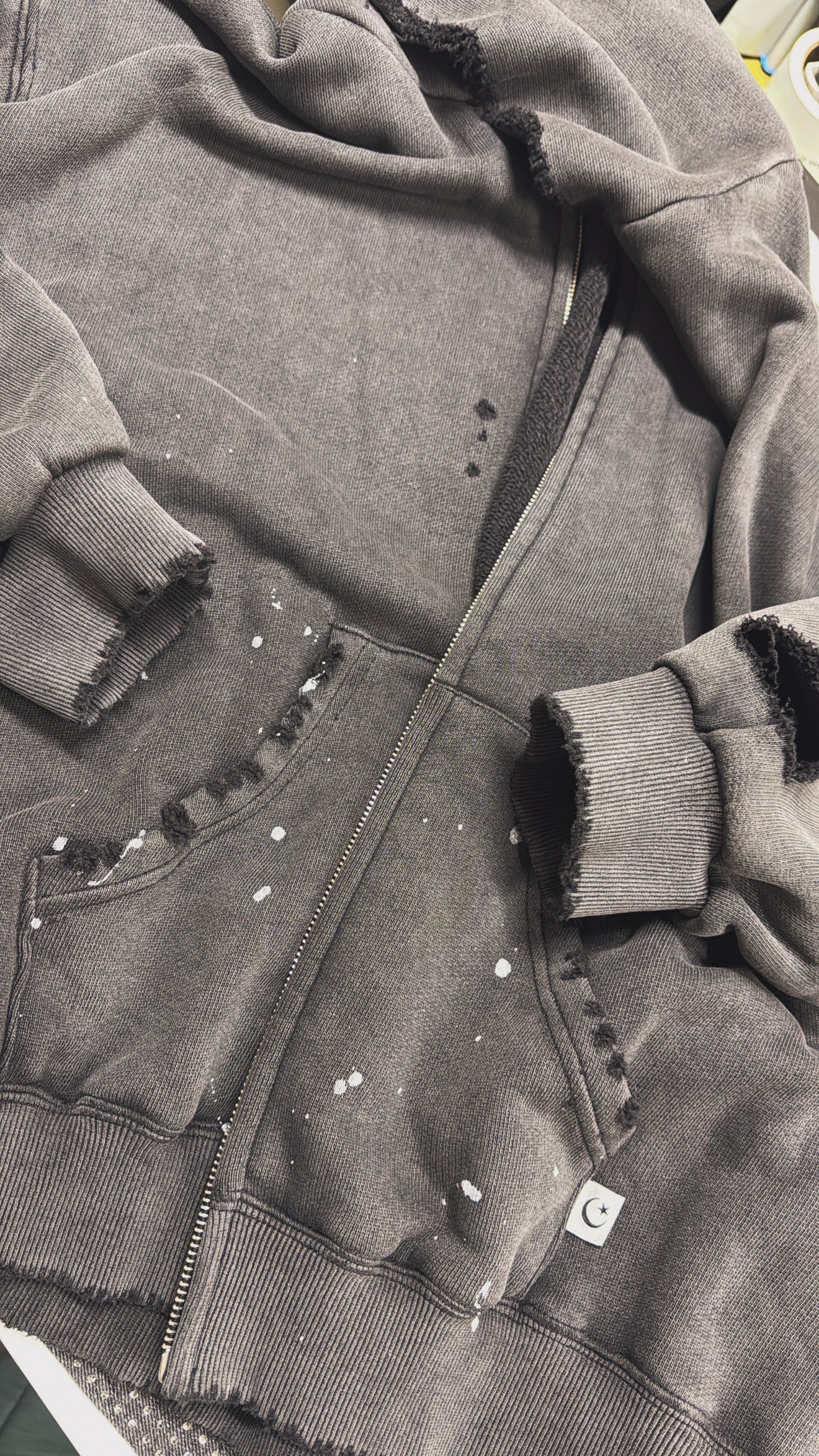 900 GSM 'Washed Black' Skeleton Zip-Up Hoodie